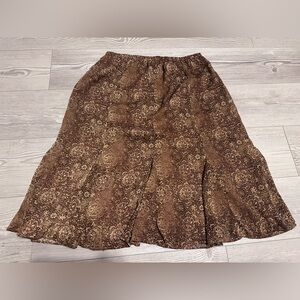 Vintage Brown geometric chiffon A-line midi skirt, elastic waist, Size 12, Large
